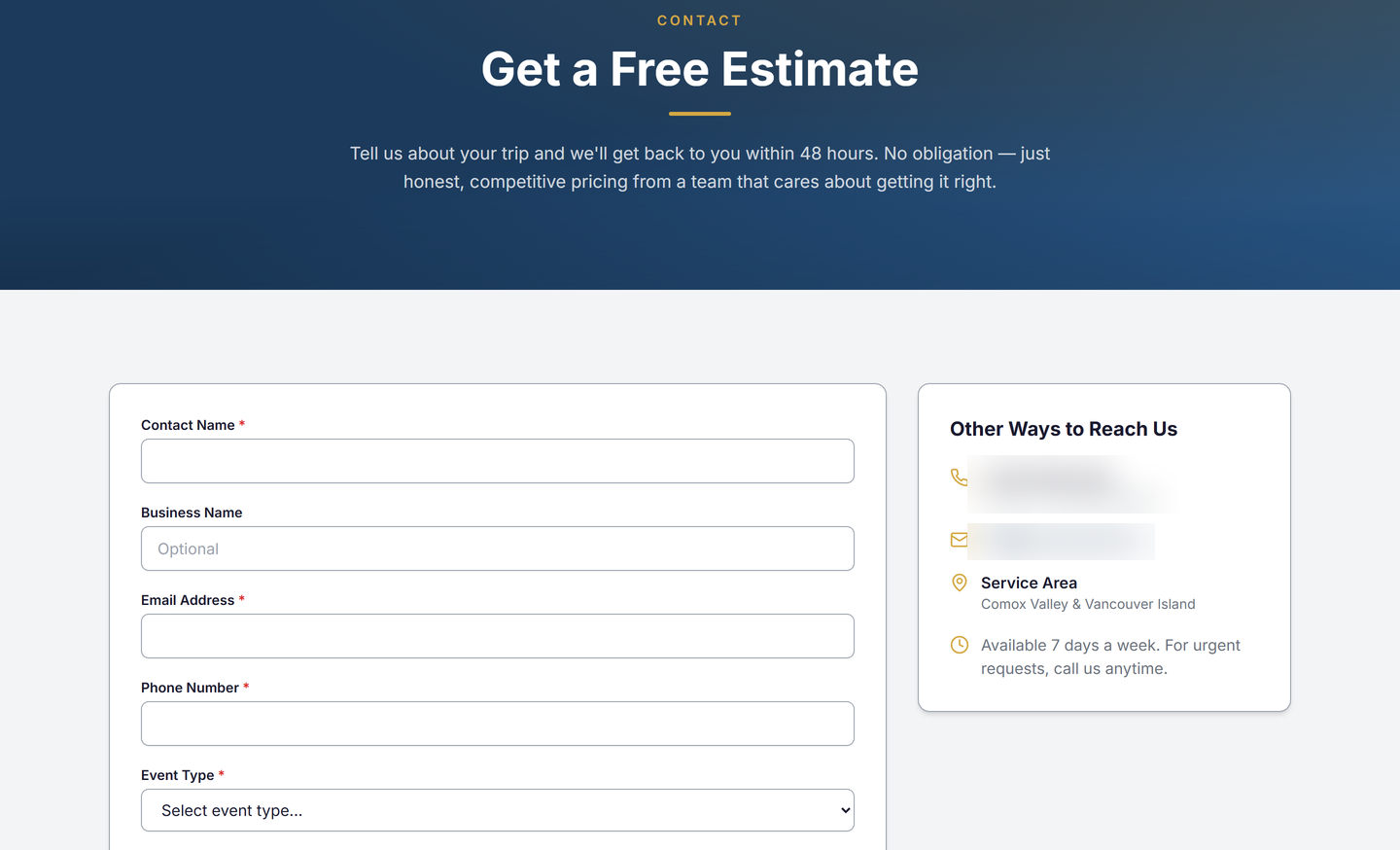 Comox Coach and Shuttle Get a Free Estimate booking form with trip details, multi-stop schedule, and contact options