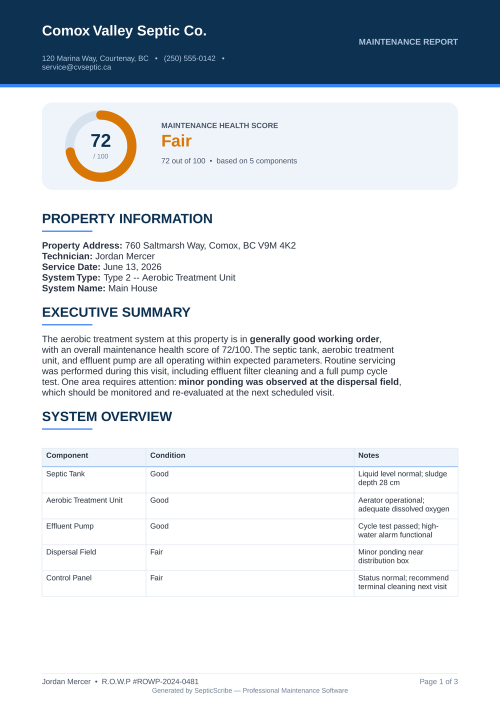SepticScribe professional maintenance report showing health score, property information, executive summary, and system overview